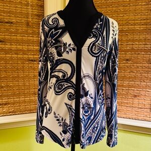 INC International Concepts Navy and White Paisley Zip-Front Top
